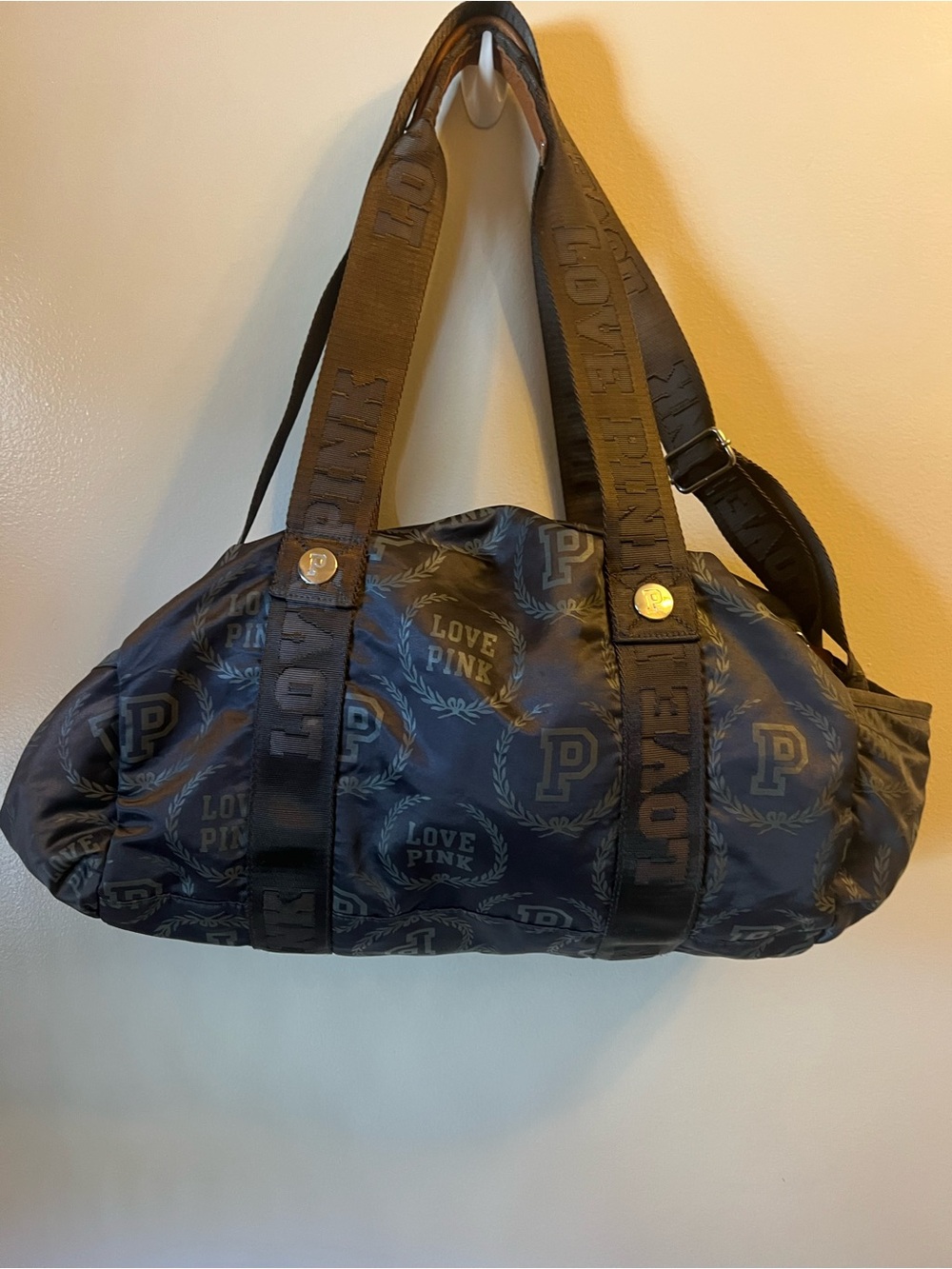 PINK Victoria's Secret Black Logo Duffel with Repeating 'LOVE PINK' Print